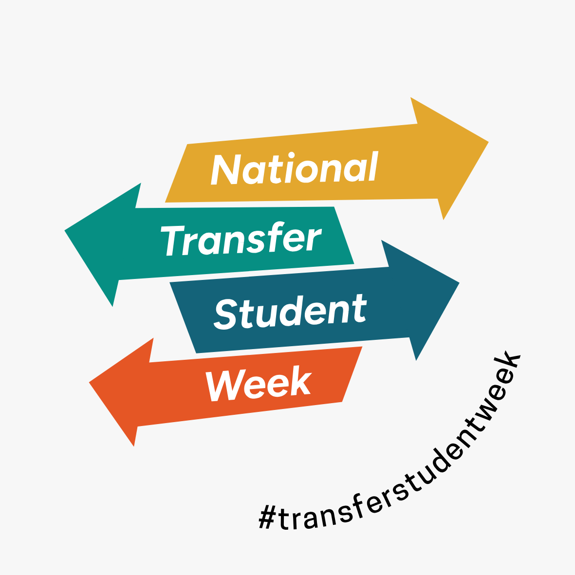 Arrows of multiple color stacked on top of one another switching which side the arrow points down the stack. On each arrow is a word, saying "National Transfer Student Week." A #TransferStudentWeek is in the bottom corner of the image.