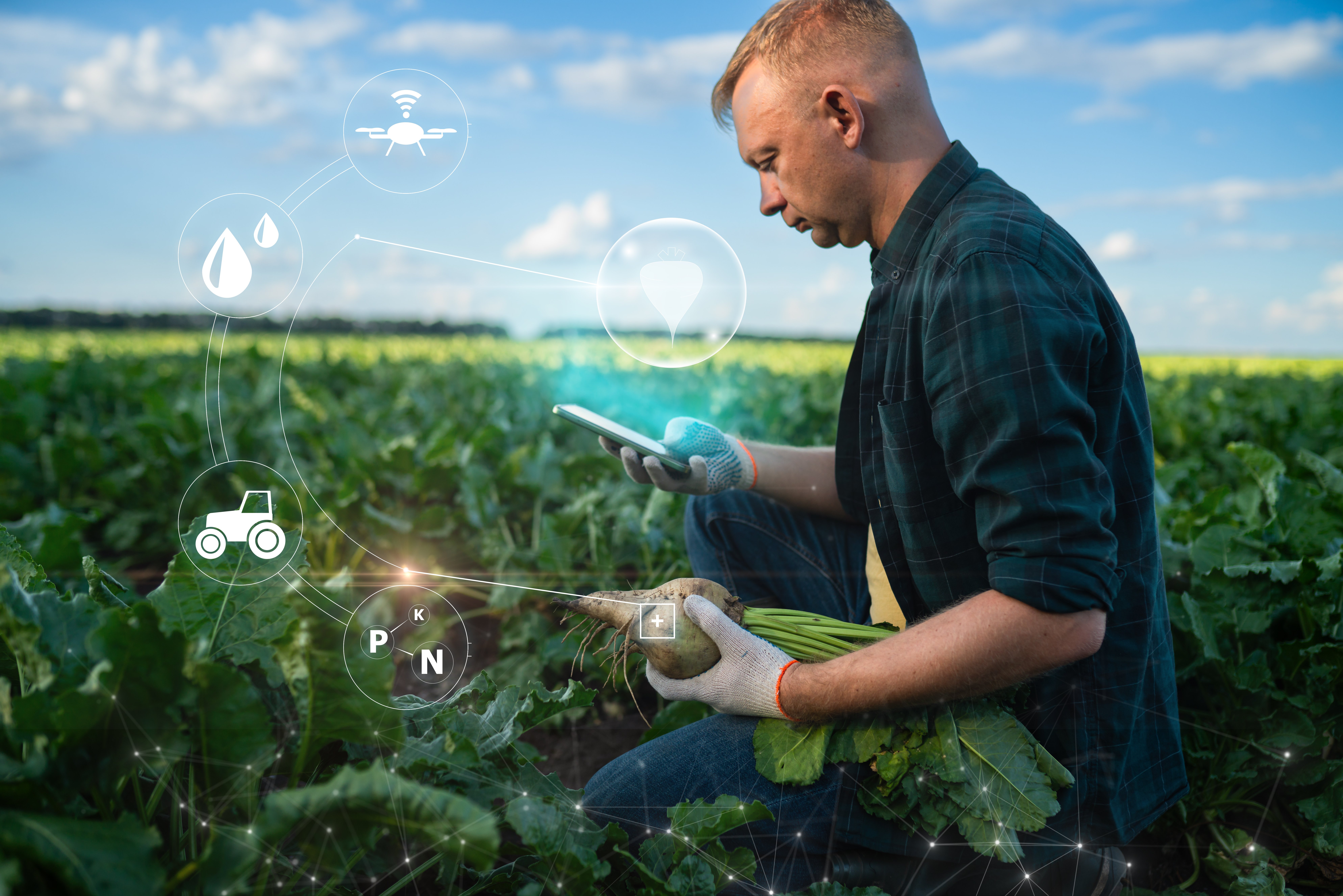 A man using farming tools to check on a crop with an image of a tractor overlayed. 