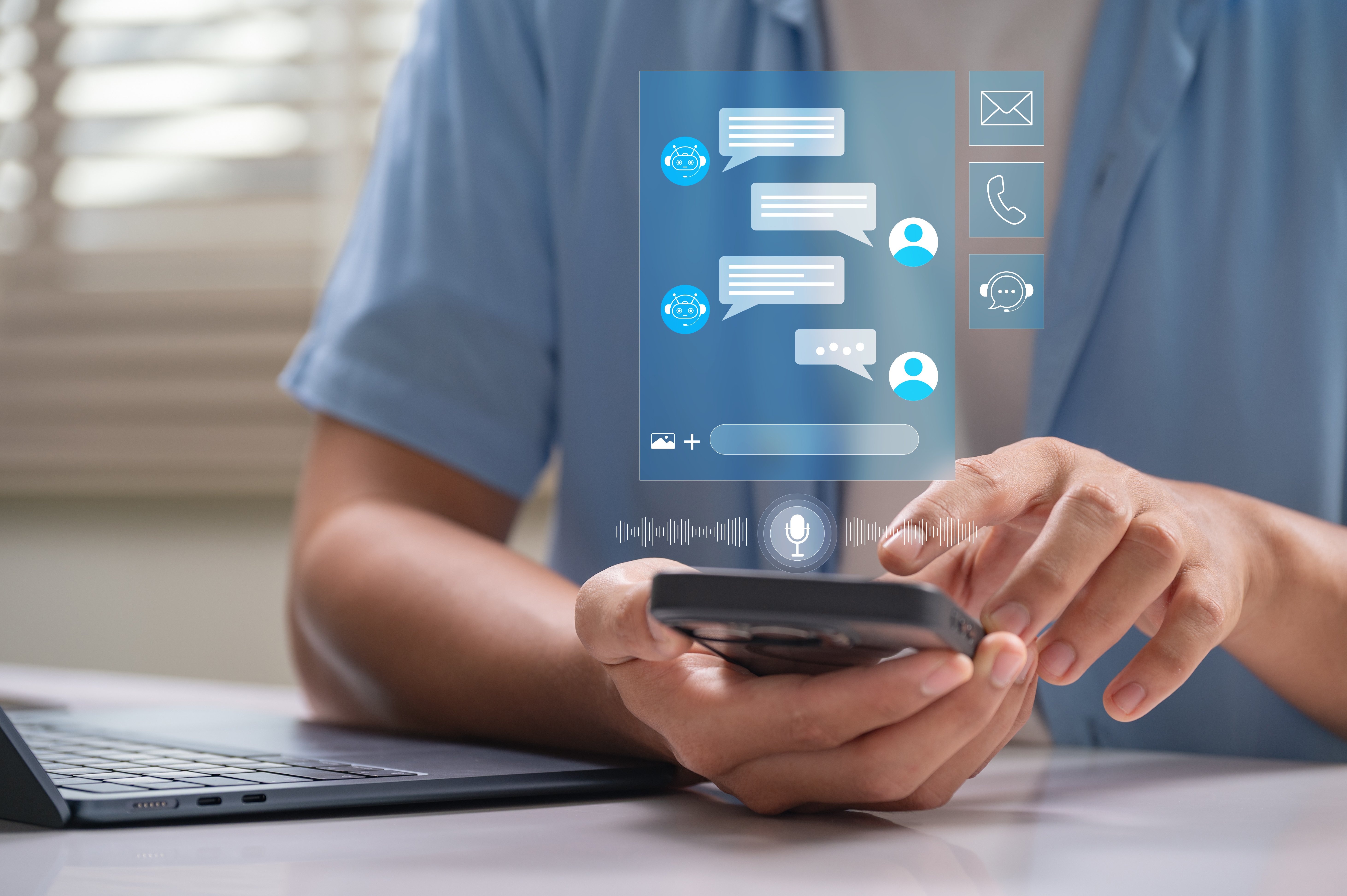 A person holding a phone in their hands with a holographic overlay of a text message conversation.