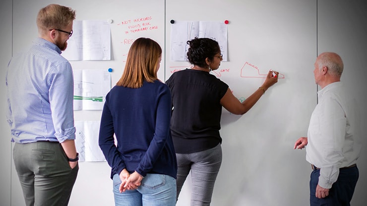 Organizational leadership degree students planning out a strategy with papers on a whiteboard.