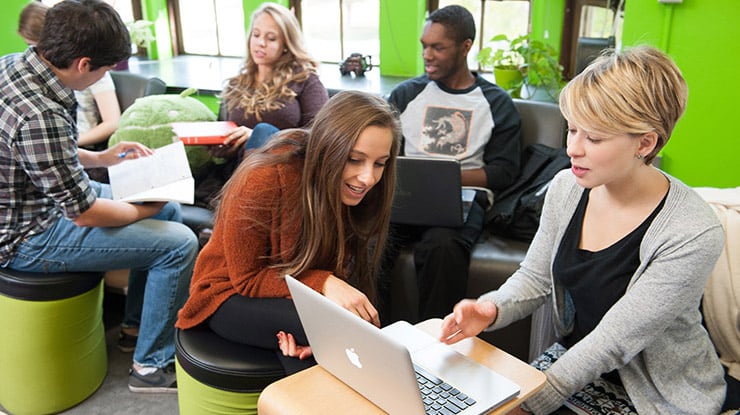 A group of students sitting in a bright green lounge discuss the work for their UX design course.