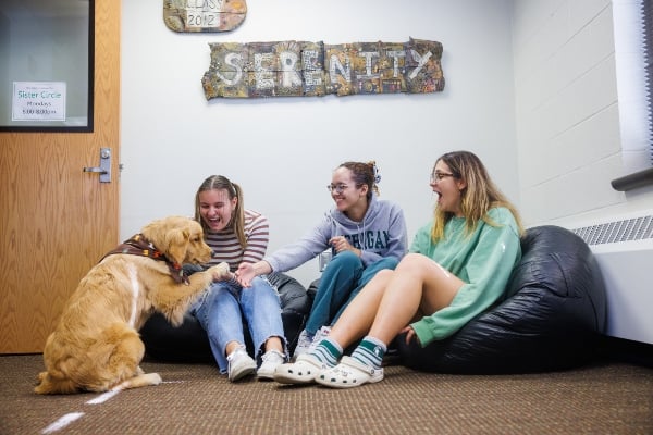 A group of three students play with a dog while sitting on bean bag chairs as part of the Sister Circle student club in the Residential College in the Arts and Humanities at MSU.