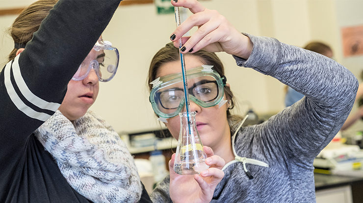 Two Michigan State University students wearing safety goggles conduct an experiment with a beaker and pipette in a lab, demonstrating hands-on undergraduate research in a classroom setting.