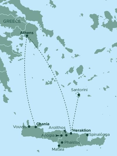 A map of Greece and Crete showing key locations and travel routes. Highlighted destinations include Athens on the mainland, and Chania, Heraklion, Matala, Phaistos, Anogia, Arolithos, Vouves, and Spinalonga on Crete. Santorini is also marked as a nearby island. Dotted lines indicate travel paths between Athens, Santorini, and Crete, providing an overview of connections within the Aegean Sea region.