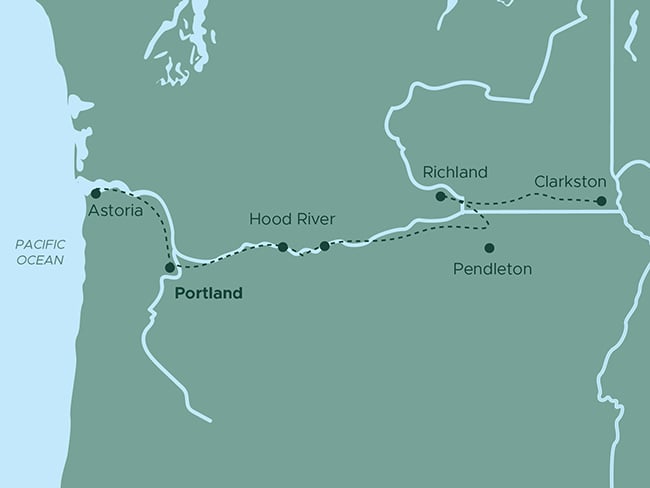 A map of Oregon and Washington highlighting key locations and travel routes. Marked cities include Portland, Astoria, Hood River, Pendleton, Richland, and Clarkston. The map shows the Columbia River and its connection to the Pacific Ocean, with dotted lines indicating travel paths through the region. The surrounding states and geographic features provide context for the journey.
