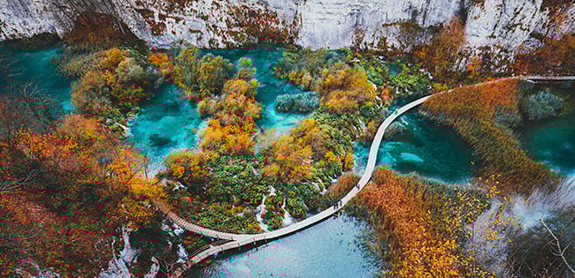 An aerial view of Plitvice Lakes National Park in Croatia, showcasing turquoise lakes, vibrant autumn foliage, and a winding wooden boardwalk that crosses over the water. The cliffs and lush vegetation surrounding the lakes create a breathtaking natural scene, highlighting the park's unique beauty and tranquil atmosphere.