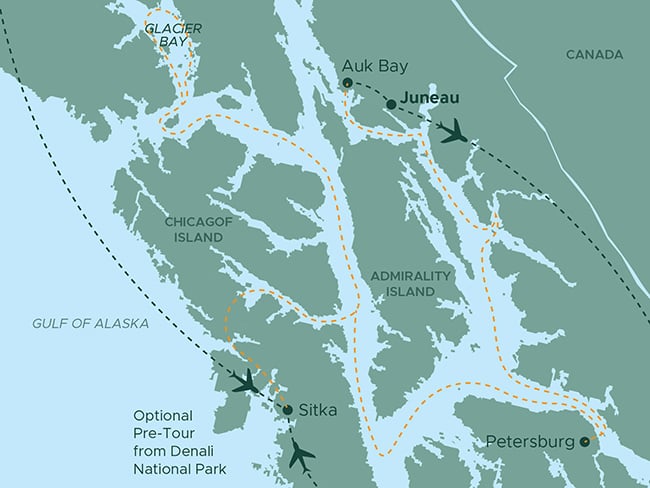 A map of southeastern Alaska highlighting key locations and travel routes. Notable destinations include Juneau, Sitka, Petersburg, Glacier Bay, and Auk Bay. The map shows surrounding features such as the Gulf of Alaska, Admiralty Island, and Chichagof Island. Dotted lines indicate travel paths, including optional pre-tour routes from Denali National Park. Airplane icons mark air travel connections between destinations.