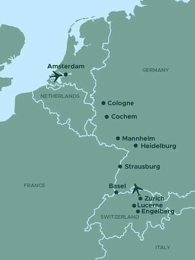 A map of Europe highlighting key cities and travel routes through the Netherlands, Germany, France, and Switzerland. Featured locations include Amsterdam, Cologne, Cochem, Mannheim, Heidelberg, Strasbourg, Basel, Zurich, Lucerne, and Engelberg. Airplane icons indicate major travel hubs, and the map provides a geographic overview of the region, showing borders and neighboring countries.