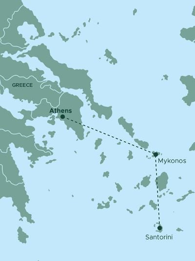 A map of Greece highlighting key locations and travel routes. Athens is marked on the mainland, with Mykonos and Santorini located on nearby islands in the Aegean Sea. Dotted lines indicate travel paths connecting Athens to Mykonos and Santorini. The map provides an overview of the region with a focus on popular destinations within the Cyclades islands.