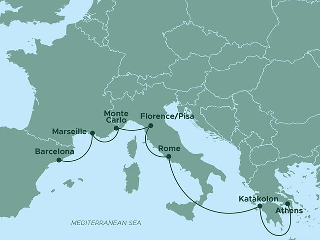 A map of southern Europe highlighting key cities and a travel route across Greece, Italy, France, and Spain. Marked locations include Athens, Katakolon, Rome, Florence/Pisa, Monte Carlo, Marseille, and Barcelona. The route traces a journey through the Mediterranean Sea, connecting major destinations in the region. The map provides a geographical overview of the area, with countries and surrounding seas labeled for context.