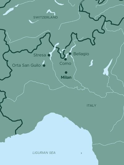 A map of northern Italy highlighting key locations, including Milan, Stresa, Orta San Giulio, Bellagio, and Como. The map shows the region's proximity to Switzerland and the Ligurian Sea, with notable lakes such as Lake Como and Lake Maggiore marked. The map provides a geographical context for travel within this scenic area of Italy.