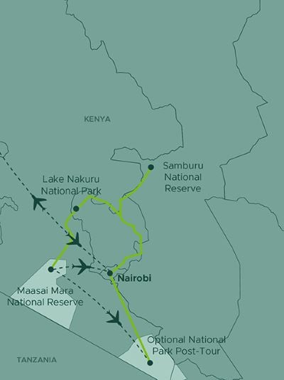 A map of Kenya highlighting key locations and travel routes for a safari tour. Notable destinations include Nairobi, Samburu National Reserve, Lake Nakuru National Park, Maasai Mara National Reserve, and an optional National Park post-tour area near the Tanzanian border. Airplane icons and lines represent travel connections, while green routes indicate ground travel between reserves. The map provides a clear overview of the safari circuit within Kenya.