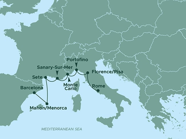A map of parts of Spain, France, and Italy, highlighting key cities and travel routes. Labeled locations include Barcelona, Mahon/Menorca, Sete, Sanary-Sur-Mer, Monte Carlo, Portofino, Florence/Pisa, and Rome. Arrows and lines indicate travel paths across the Mediterranean Sea and coastal regions. The map provides a geographic overview of the western Mediterranean area.