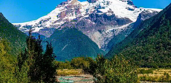 A stunning view of snow-capped mountains in Chile, framed by lush green forest and vibrant vegetation in the foreground. The scene captures the natural beauty and contrasting landscapes of the region under a bright blue sky.