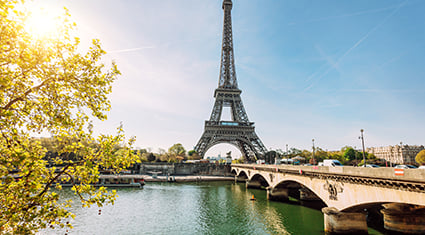 A picturesque view of the Eiffel Tower in Paris, France, on a sunny day. The iconic landmark stands tall next to the Seine River, with a charming stone bridge crossing the water. The scene is framed by lush green trees on the left, and the bright sunlight enhances the vibrant atmosphere under a clear blue sky.