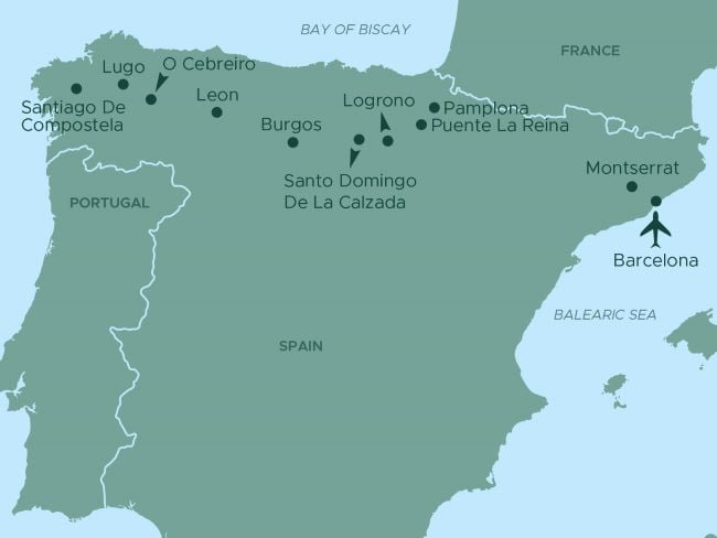 A map of Spain highlighting key locations and travel routes. Cities and landmarks marked include Santiago de Compostela, Lugo, O Cebreiro, León, Burgos, Santo Domingo de la Calzada, Logroño, Puente la Reina, Pamplona, Montserrat, and Barcelona. The map shows connections between these destinations, with an airplane icon near Barcelona. Neighboring Portugal and France are also labeled, along with the Bay of Biscay and Balearic Sea for geographic context.
