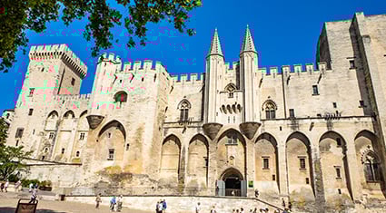 A daytime view of the Palais des Papes in Avignon, Provence, France. The historic Gothic architecture of the palace features tall towers, pointed arches, and intricate stonework. Tourists walk around the open plaza in front of the building under a clear blue sky, with leafy tree branches framing the scene, adding to the charm of the location.