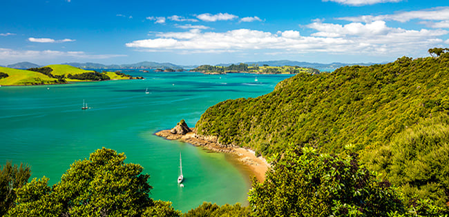 A panoramic view of a lush green peninsula surrounded by turquoise waters in New Zealand, with sailboats drifting in the distance under a bright blue sky.