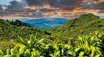 A vibrant, green mountainous landscape in Costa Rica at sunset, with dramatic skies and layers of rolling hills covered in tropical vegetation.
