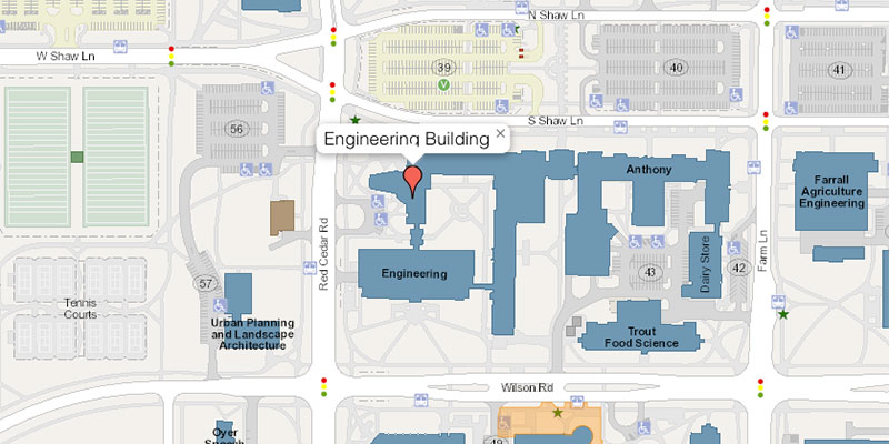 Screenshot of the MSU interactive map showing the College of Engineering. The image links to the MSU interactive map