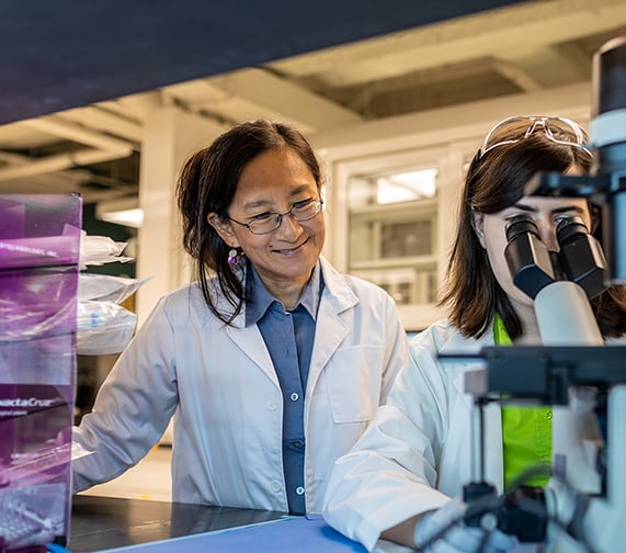 CHEMS Chair Christina Chan observes a graduate student examining a sample under a microscope in a chemical lab. Chan smiles, reflecting a supportive and encouraging environment for research and learning.