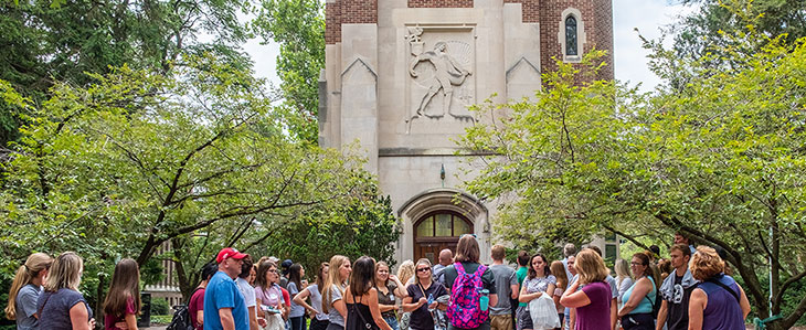 MSU's Green and White Day Admissions Tour Beaumont Tower on a summer day.