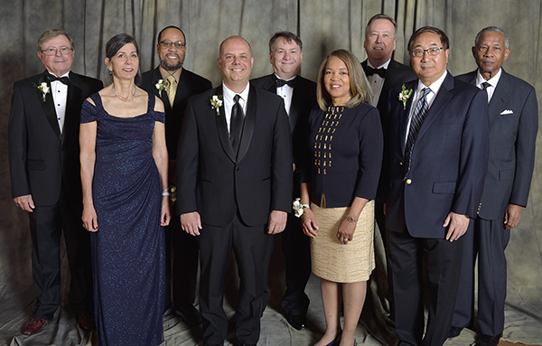 Dean Leo Kempel presented the 2022 MSU College of Engineering Alumni Awards during ceremonies on May 7. Recipients are (back row, left): John Wilkens, Charles Macon, Dean Leo Kempel, Michael W. Lamach Sr., and Essex Finney, Jr.; and (front): Marcia Lampela, Jason Napolitano, Bellandra Foster, and Xian-He Sun. Missing from photo is Isaac Perry.