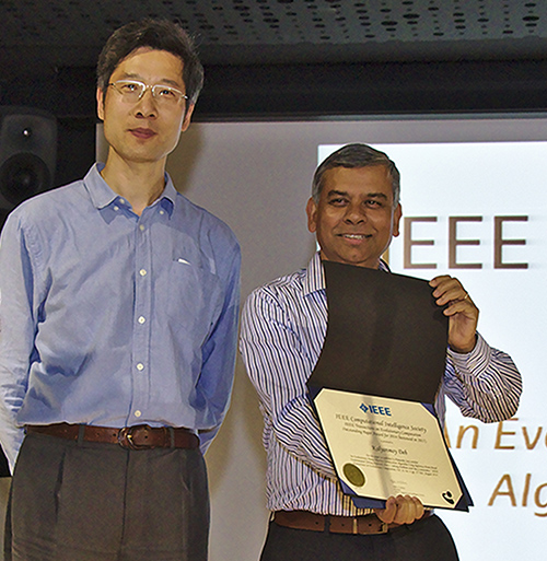 Himanshu Jain (left), a student co-author with Kalyanmoy Deb (right), Koenig Endowed Chair and Professor of electrical and computer engineering, received the