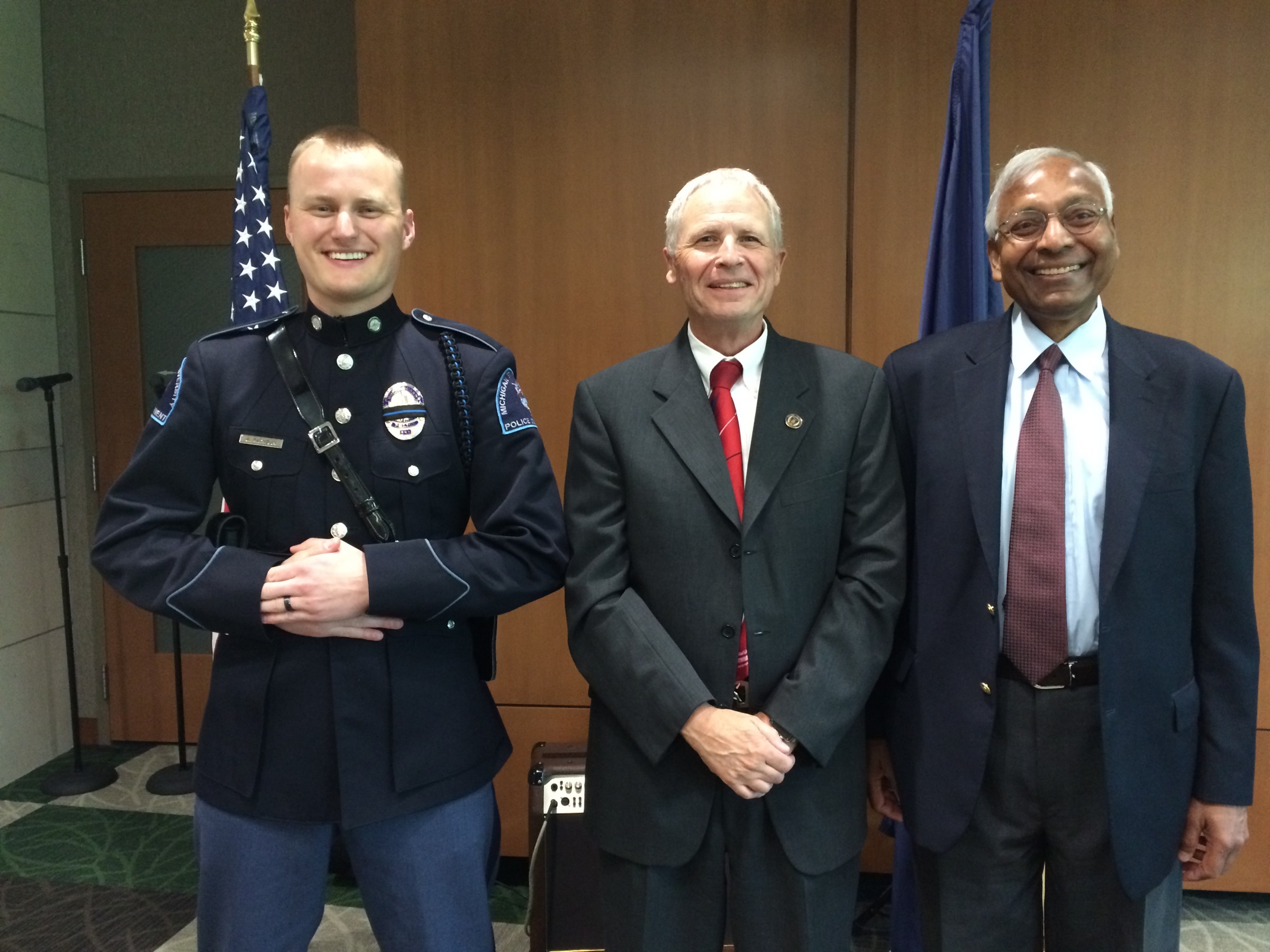 MSU Police Detective Rathbun and MSU Police Chief Dunlop honored University Distinguished Professor Anil Jain for meritorious aid in protecting life.