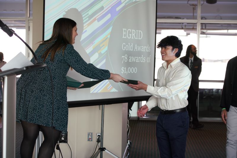 Liz Burbatt passing an award to one of the winners of the EGRID Gold Awards