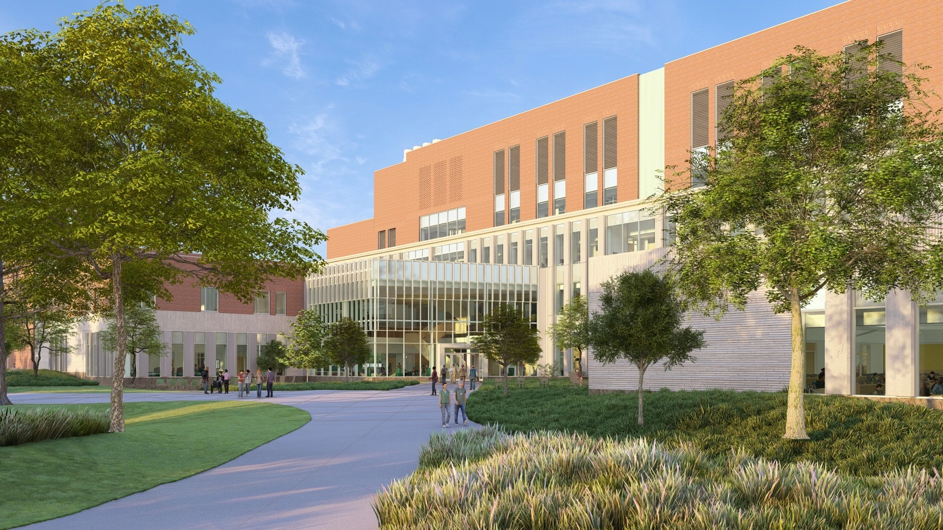 Architectural rendering of a multi-story brick building with a prominent glass entranceway, surrounded by green lawns and trees. People are walking on a paved pathway leading to the entrance.