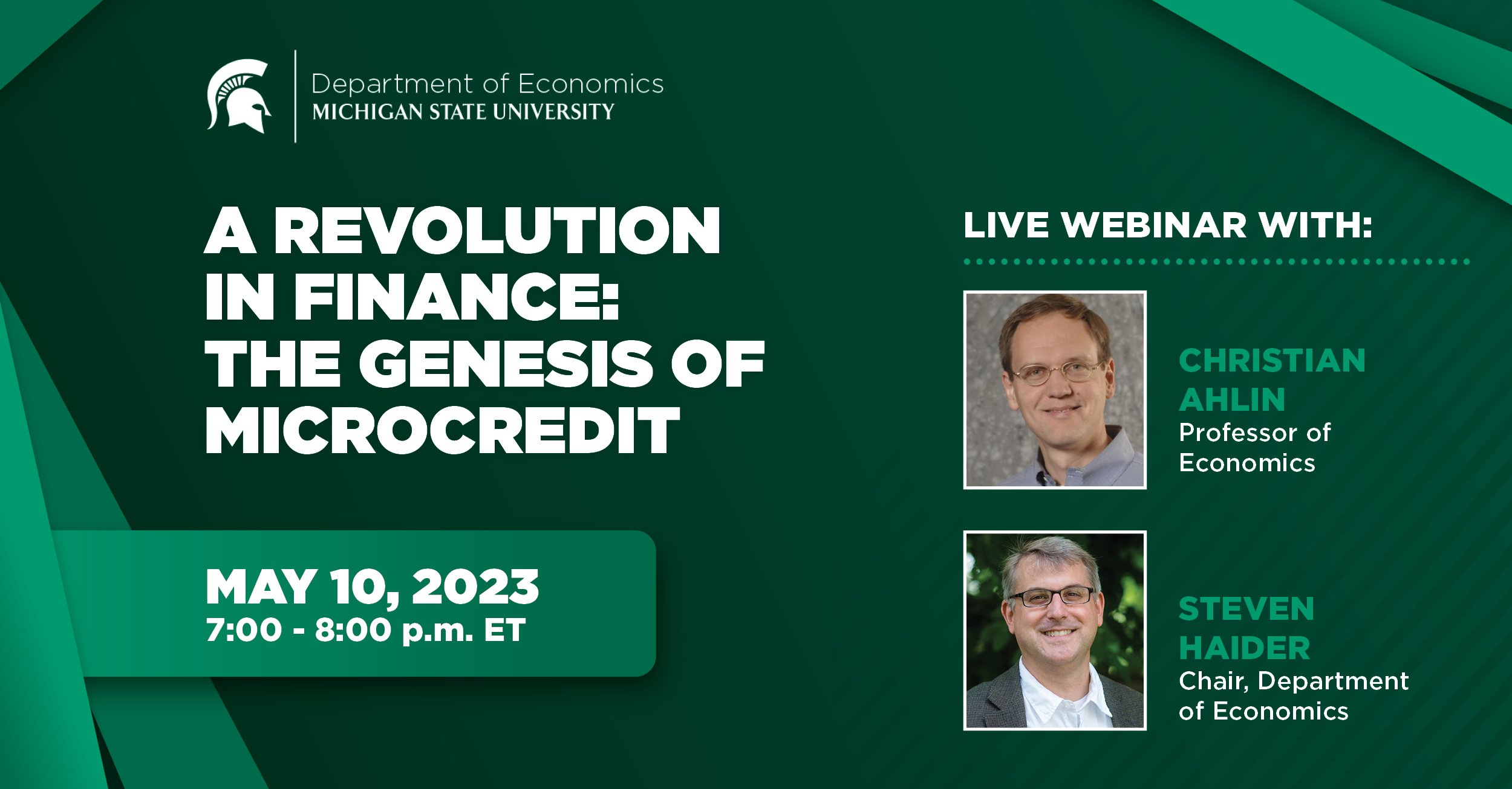 Green background with two professors and text that reads the webinar title.