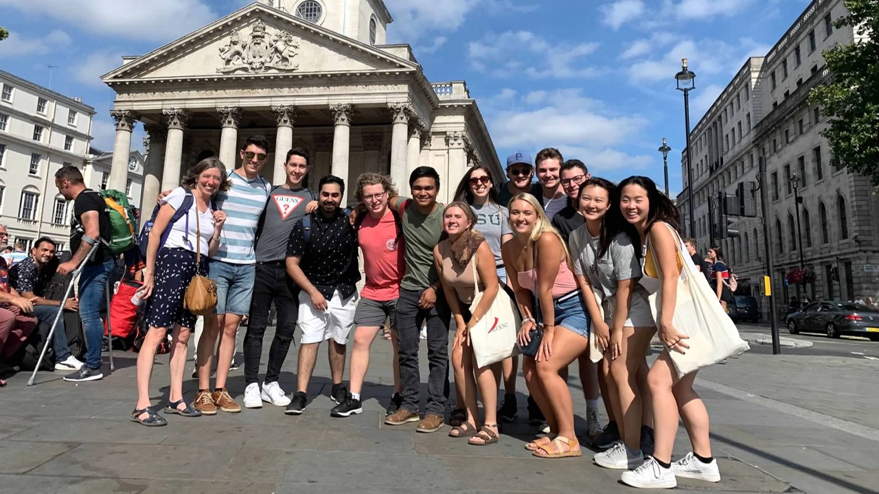 A group of students and a professor in London.