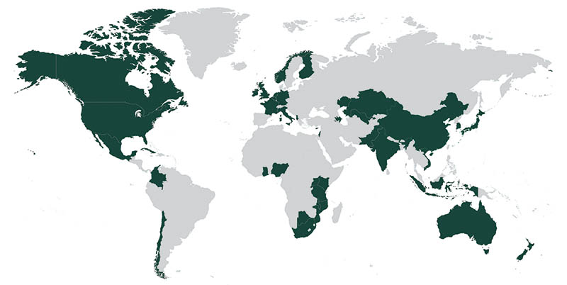World map in green and grey. Highlighted countries in green.Graduate Study Abroad:Botswana, China, Cuba, Cyprus, France, Indonesia, Japan, Mexico, Netherlands, South Africa, United Kingdom, Vietnam, Undergraduate Study Abroad:Australia, China, Ghana, Ireland, Japan, Netherlands, New Zealand, South Africa, Tanzania, Faculty Research:Albania, Australia, Azerbaijan, Botswana, Canada, Chile, China, Colombia, Finland, Germany, India, Indonesia, Israel, Italy, Japan, Kazakhstan, Kenya, Korea, Malawi, Mexico, , Nigeria, Norway, Rwanda, South Korea, Tanzania, Uganda, Uzbekistan,Outreach: Belgium, China, Ghana, India, Israel, Indonesia, Japan, Kazakhstan, Kenya, Malawi, 	Mozambique, Pakistan, Tanzania, Uzbekistan