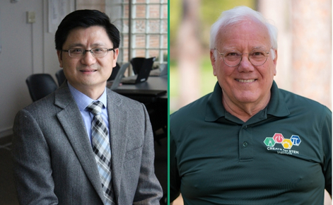 Two men side by side: on the left, man wearing glasses, a gray suit, blue shirt, and a plaid tie, smiling in an office setting; on the right, an older man with white hair and glasses, wearing a green polo shirt with a STEM logo, smiling outdoors.