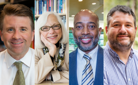 Alt text: "A composite image featuring four people. From left to right: a man with short brown hair wearing a white shirt and green tie, a woman with white hair and glasses smiling with her hand resting on her cheek, a man with a beard and bald head wearing a suit and striped tie, and a man with short dark hair and beard wearing a checkered shirt. The background behind each person includes bookshelves, indoor lighting, and greenery.
