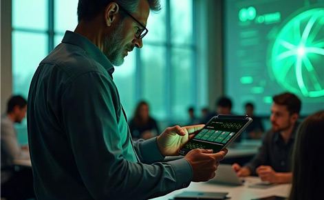 Teacher uses a tablet in a classroom. In the background, students are engaged in learning via tablets and via a digital representation of the learning material shared on a screen.