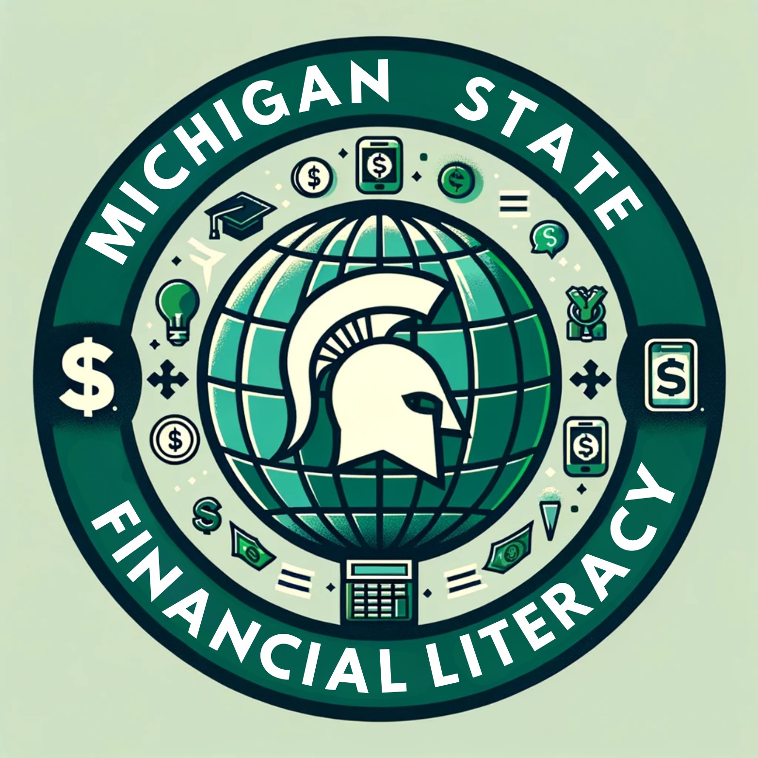Image of a spartan helmet with a globe and money symbols surrounding it. 