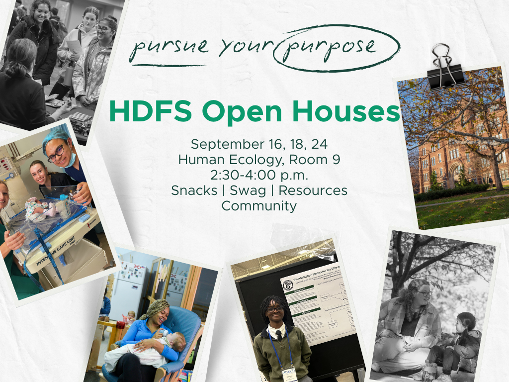 Photos of HDFS students and title reading HDFS Open House.