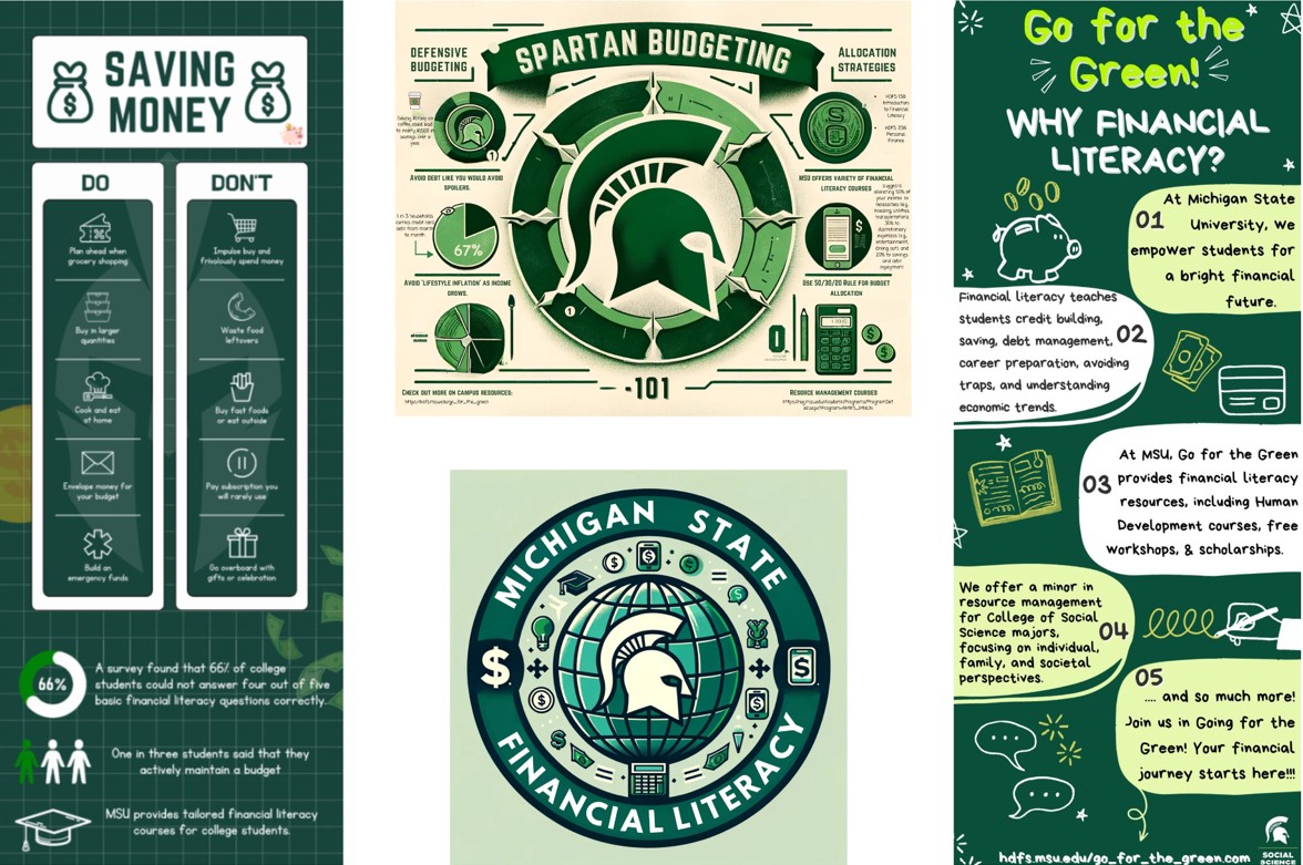 A collage of student-created financial literacy graphics.