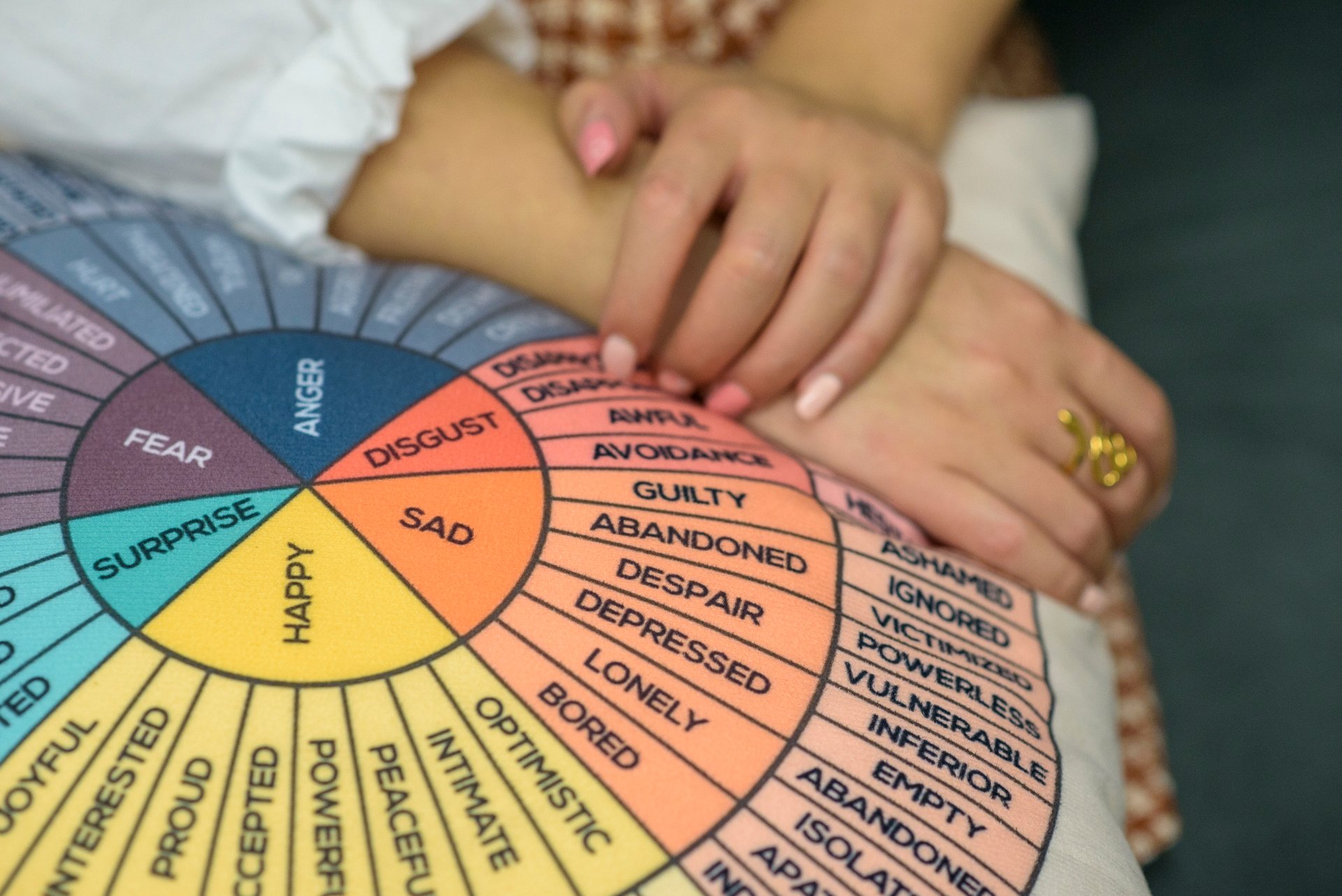 Hands resting on a feelings wheel pillow.