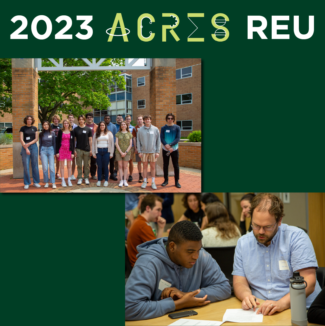Students and mentors from the 2023 REU with text reading: 2023 ACRES REU