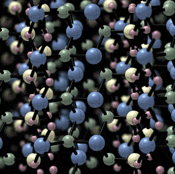 Computer-generated atoms float through a dark space