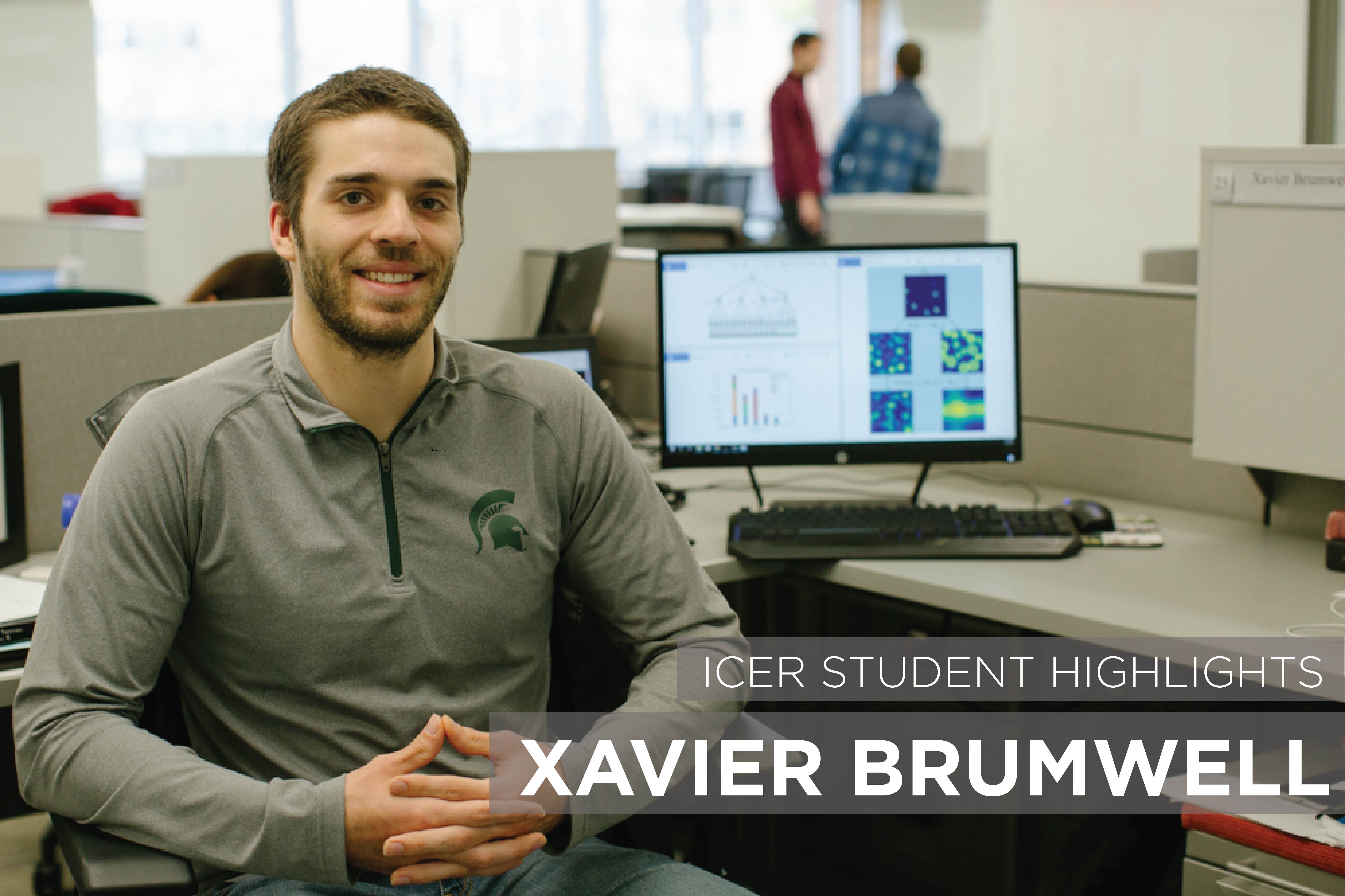 Xavier Brumwell with text reading: ICER Student Highlights Xavier Brumwell