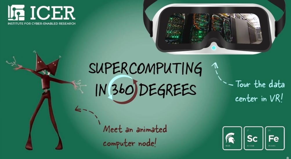 Goggles and computer node with text reading: Supercomputing in 360 Degrees