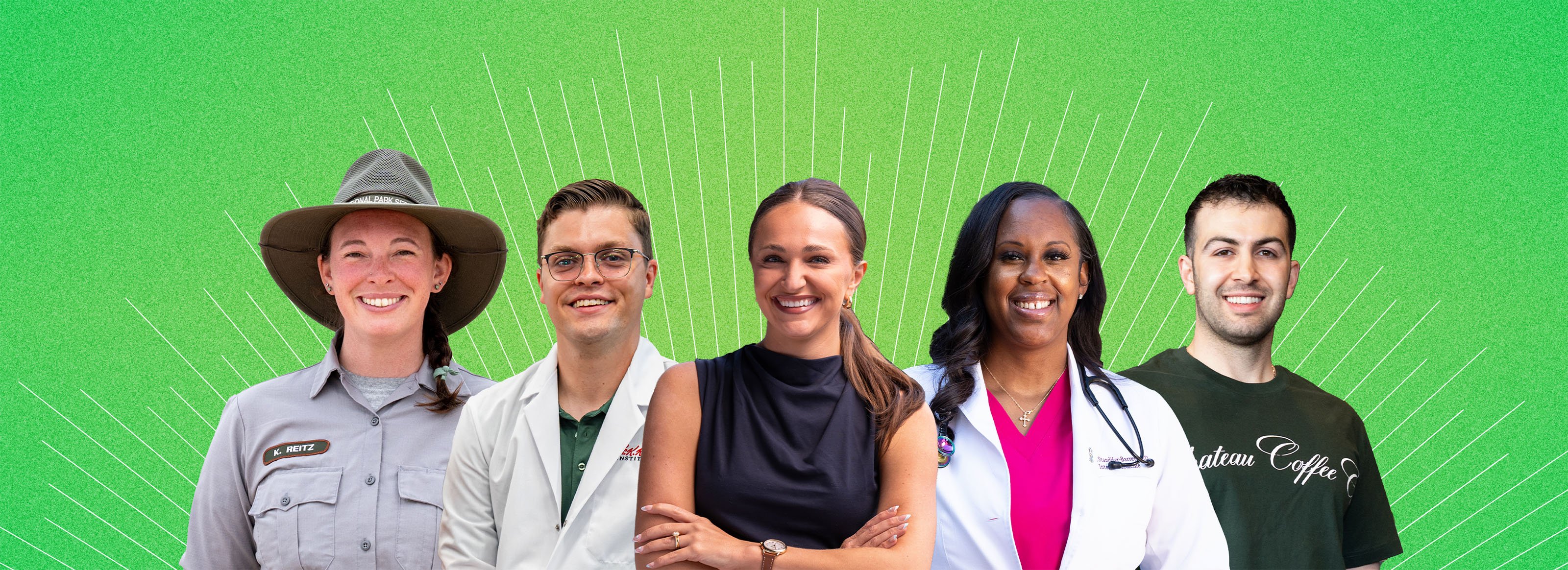 Graphic with five people against a green background"
