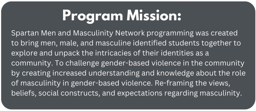 Program Mission: Spartan Men and Masculinity Network programming was created to bring men, male, and masculine identified students together to explore and unpack the intricacies of their identities as a community. To challenge gender-based violence in the community by creating increased understanding and knowledge about the role of masculinity in gender-based violence. Re-framing the views, beliefs, social constructs, and expectations regarding masculinity.