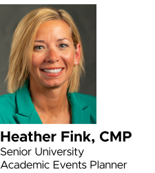 Headshot of Heather Fink with her name and title of Senior University Academic Events Planner.