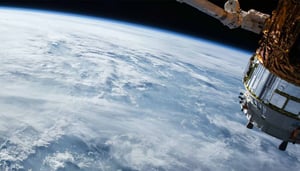 A device floats in outer space with Earth's atmosphere in the background.