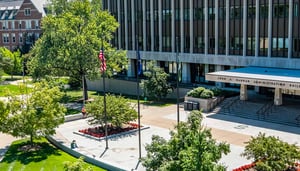 A view of the front of the Hannah Administration Building on MSU's campus.